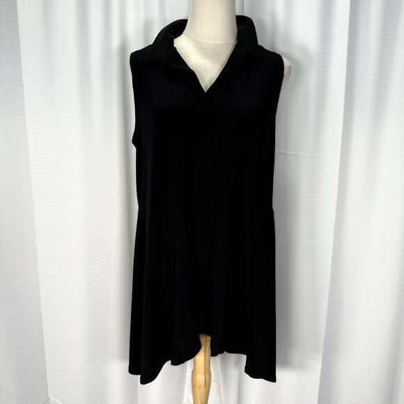 Sympli Black Fluid Jersey Knit Collared Long A-Line Tunic Top Sleeveless Size 10 - Picture 1 of 10